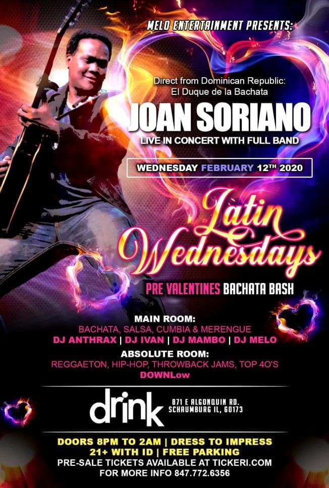 Event - Valentine's Concert with el Duke de La Bachata "Joan Soriano" En Schaumburg,IL - Schaumburg, Illinois - February 12, 2020 | concert tickets