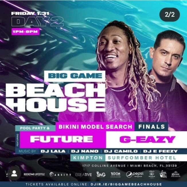 Event - Big Game Weekend Beach House Pool Party Future & G-Eazy Live With DJ Camilo At Kimpton Surfcomber Hotel - Miami Beach, Florida - 31 de enero de 2020 | concert tickets
