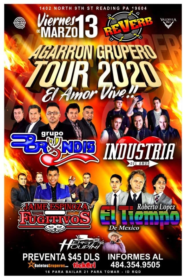 Event - Grupo Bryndis, La Industria, Los Fujitivos y El Tiempo POSTPONED - Reading, Pennsylvania - March 13, 2020 | concert tickets
