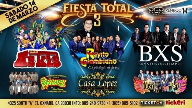 Event - Fiesta Total 3 Con Los Askis,Rayito Colombiano,Yaguaru y Mas En Oxnard,CA / CONFIRMED - Oxnard, California - 14 de marzo de 2020 | concert tickets