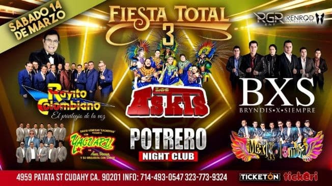 Event - Fiesta Total 3 Con Rayito Colombiano,Los Askis,Yaguaru y Mas En Cudahy,CA CONFIRMED - Cudahy, California - March 14, 2020 | concert tickets
