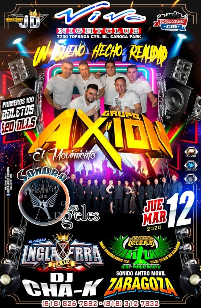 Event - Grupo Axion,Sonora Los Angeles y Mas En Canoga Park,CANCELED - Los Angeles, California - March 12, 2020 | concert tickets