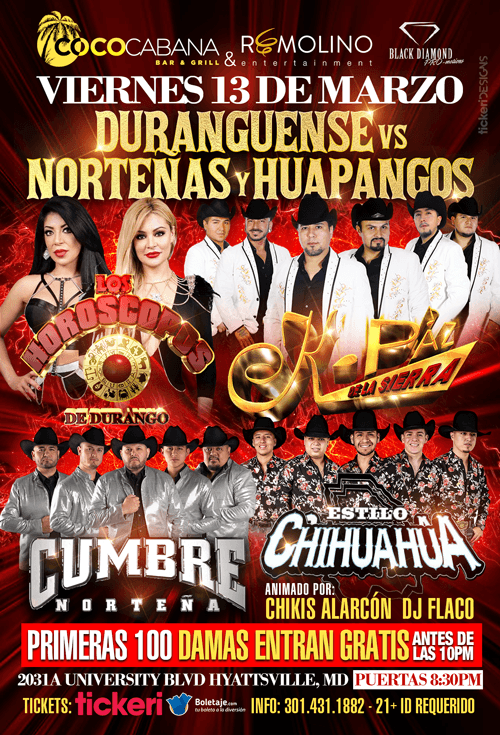 Event - DURANGUENSE, NORTEÑAS y HUAPANGOS: Los Horoscopos de Durango - K-Paz de la Sierra - Cumbre Norteña & Estilo Chihuahua.! POSTPONED - Adelphi, Maryland - March 13, 2020 | concert tickets