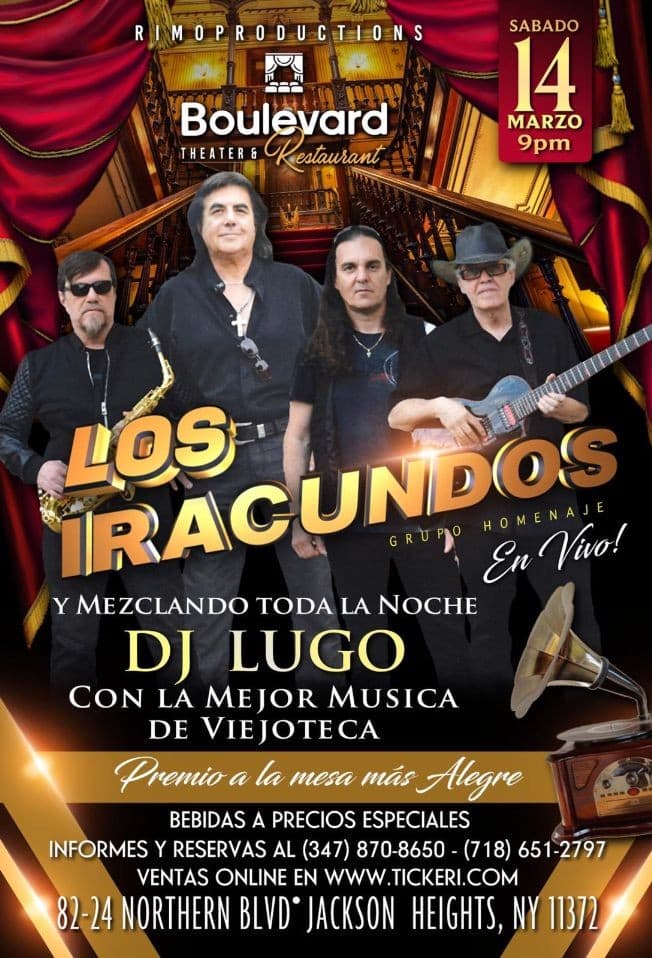 Event - Los Iracundos Grupo Homenaje En Vivo En Jackson Heights,NY POSTPONED - Jackson Heights, New York - March 14, 2020 | concert tickets