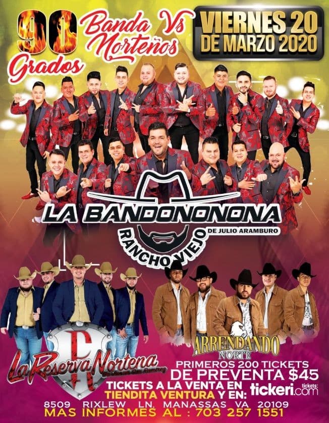 Event - La Bandononona, La Reserva Norteña y Arrendado Norte en Vivo! CANCELED - Manassas, Virginia - March 20, 2020 | concert tickets