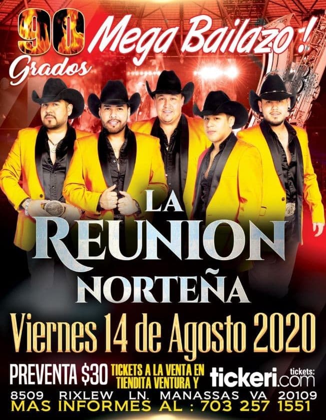 Event - Mega Bailazo con La Reunion Norteña en 90 Grados! - Manassas, Virginia - 14 de agosto de 2020 | concert tickets