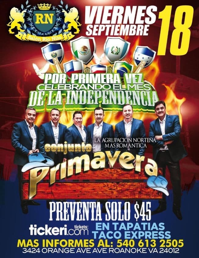 Event - Celebrando el mes de Independencia: Conjunto Primavera en Vivo! - Roanoke, Virginia - September 18, 2020 | concert tickets