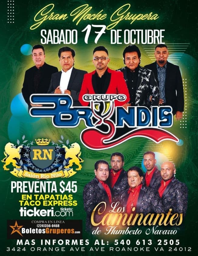 Event - Gran Noche Grupera con Grupo Bryndis y Los Caminantes de Humberto Navarro en Salon Rio Nilo! - Roanoke, Virginia - October 17, 2020 | concert tickets