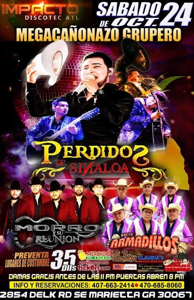 Event - Perdidos de Sinaloa, Morro y su Reunion y Dueto Armadillos en Megacañonazo Grupero! - Marietta, Georgia - October 24, 2020 | concert tickets