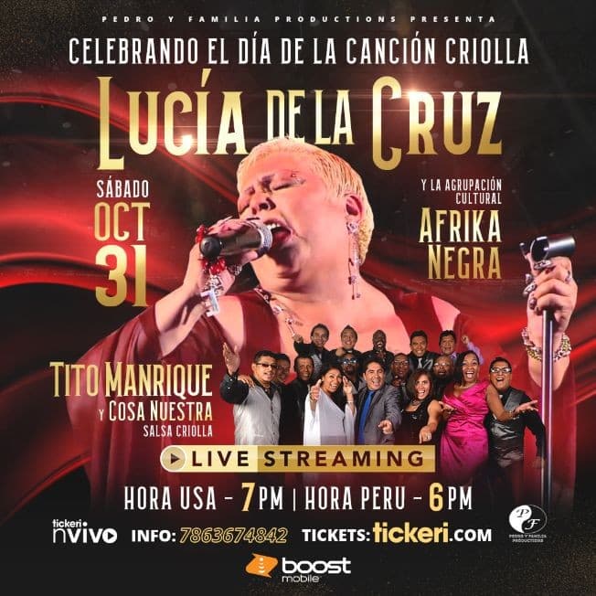 Event - Celebrando el Dia de la Cancion Criolla: Lucia de La Cruz & Afrika Negra, Tito Manrique y Cosa Nuestra en Concierto Virtual en Vivo! - Online, Online - October 31, 2020 | concert tickets