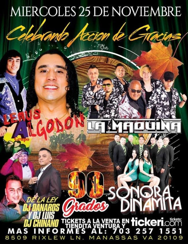Event - Celebrando Accion de Gracias llegan Lemus y su Grupo Algodon, La Maquina y La Sonora Dinamita en Vivo! POSTPONED - Manassas, Virginia - November 25, 2020 | concert tickets