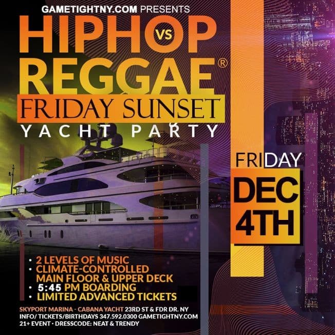 Event - NY Hip Hop vs Reggae® Sunset Cruise Skyport Marina Cabana Yacht - New York, New York - December 4, 2020 | concert tickets
