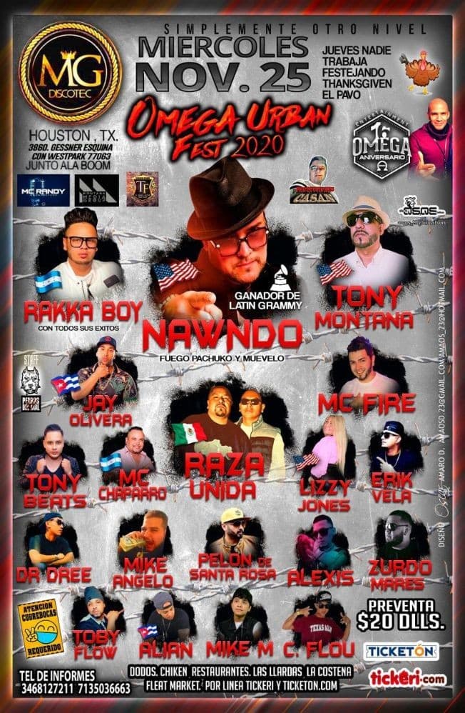 Event - Omega Urban Fest 2020 con Nawndo, Rakka Boy, Tony Montana y muchos mas! - Houston, Texas - November 25, 2020 | concert tickets