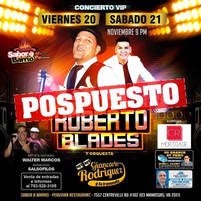 Event - Roberto Blades junto a Giancarlo Rodriguez y La Tremenda en Vivo! CANCELED - Manassas, Virginia - November 20, 2020 | concert tickets