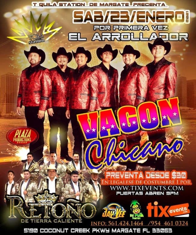 Event - Por Primera vez El Arrollador Vagon Chicano y Retoño de Tierra Caliente juntos en Concierto! - Margate, Florida - January 23, 2021 | concert tickets
