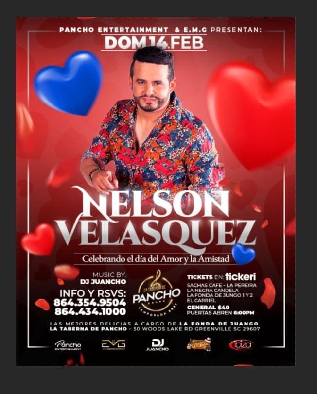 Event - NELSON VELASQUEZ VALENTINES TOUR GREENVILLE LA TABERNA DE PANCHO - Greenville, South Carolina - February 14, 2021 | concert tickets