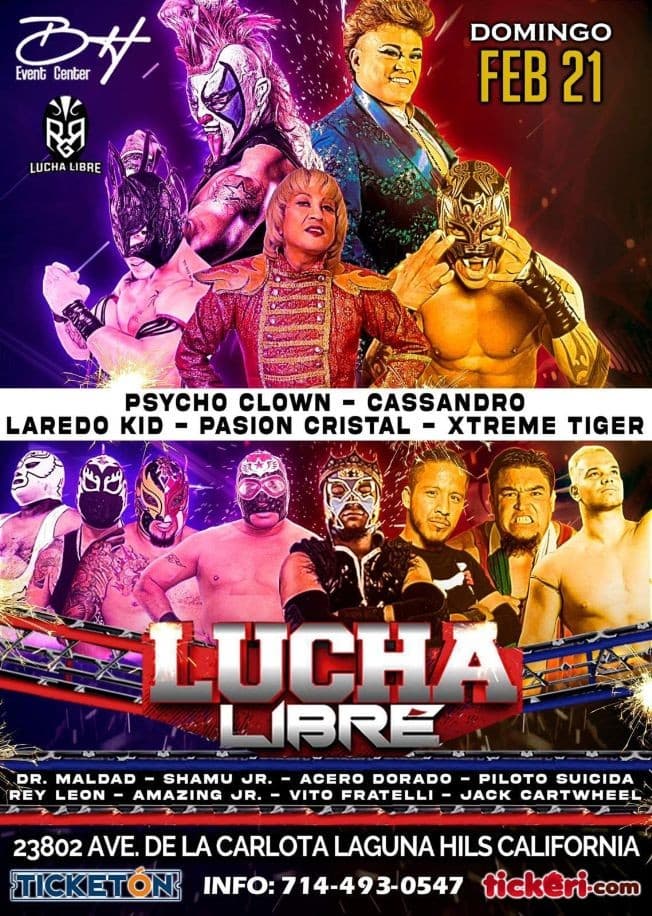 Event - Lucha Libre con Psycho Clown, Cassandro, Laredo Kid, Pasion Cristal, Xtreme Tiger y mas en Vivo! - Laguna Hills, California - 21 de febrero de 2021 | concert tickets