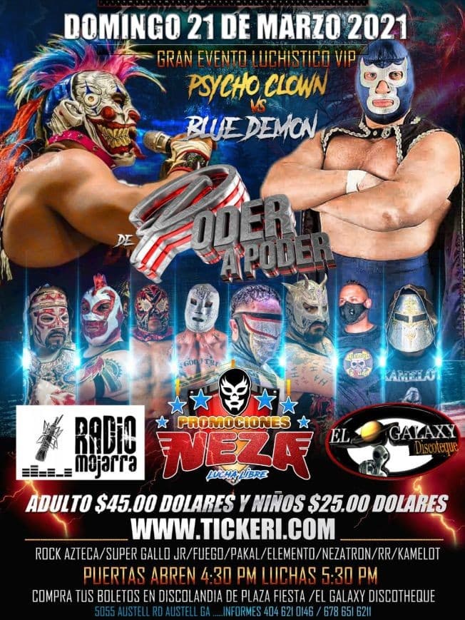 Event - Lucha Libre de Poder a Poder con Pycho Clown vs Blue Demon y Mas! - AUSTELL, Georgia - March 21, 2021 | concert tickets