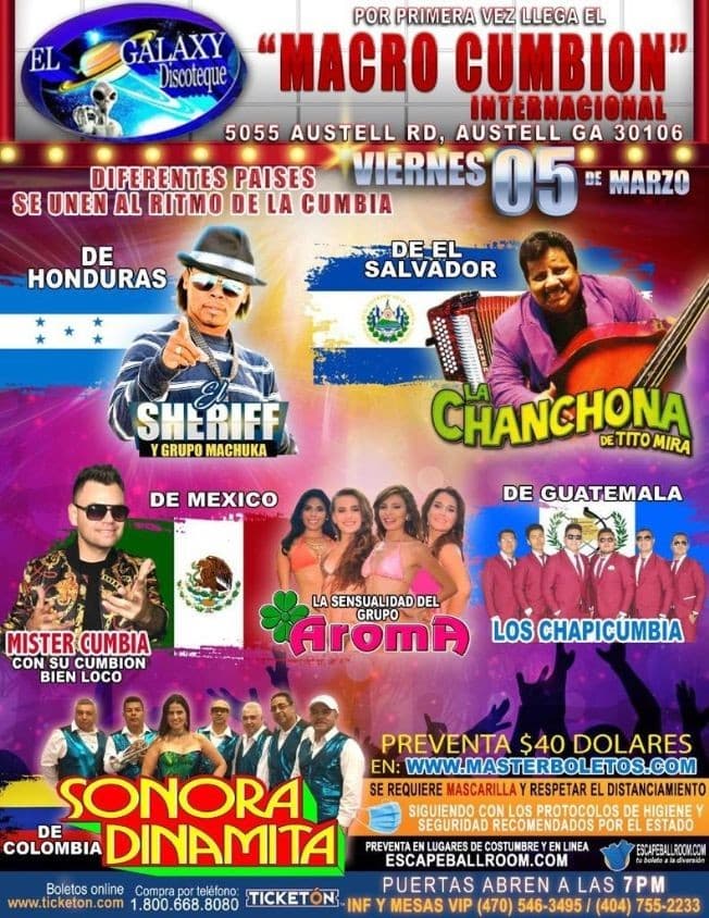Event - El Sheriff, La Chanchona de Tito Mira, Grupo Aroma, Sonora Dinamita, Los Chapicumbia y Mr. Cumbia en Vivo! - AUSTELL, Georgia - March 5, 2021 | concert tickets