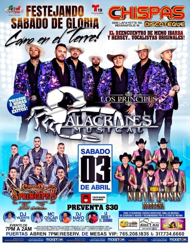 Event - Alacranes Musical, Grupo Principe y La Nueva Dosis en Vivo! - Indianapolis, Indiana - April 3, 2021 | concert tickets