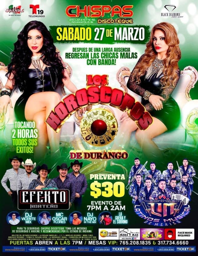 Event - Los Horoscopos de Durango, Efecto Norteño y Latinos Musical de Mexico en Vivo! - Indianapolis, Indiana - March 27, 2021 | concert tickets