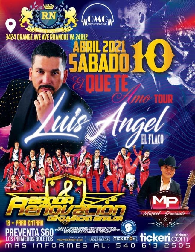 Event - Luis Angel El Flaco y Banda Renovacion en Concierto! - Roanoke, Virginia - April 10, 2021 | concert tickets