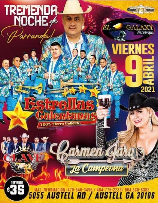 Event - Tremenda Noche de Parranda! Estrellas Calentanas, Carmen Jara y Clave en Vivo! - AUSTELL, Georgia - April 9, 2021 | concert tickets