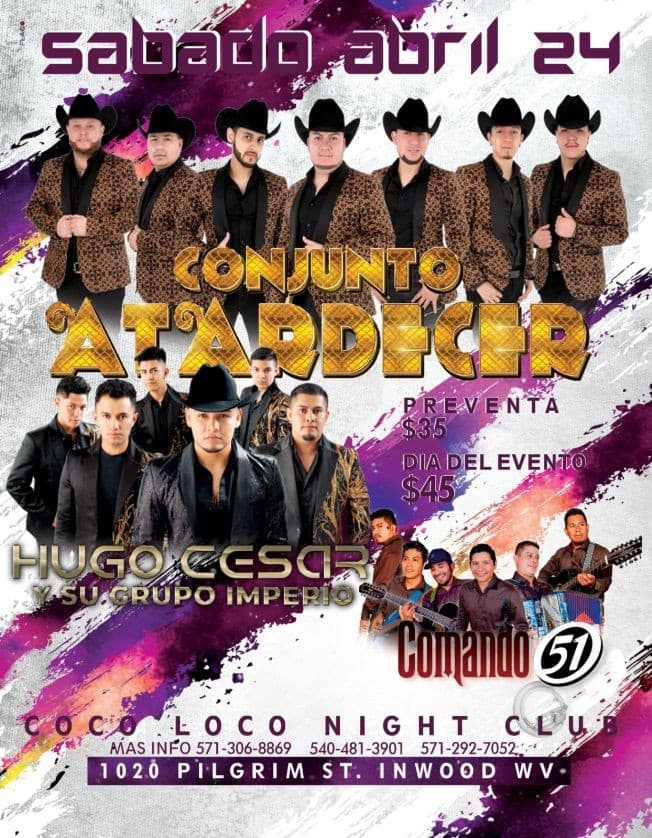 Event - Conjunto Atardecer, Hugo Cesar y Comando 51 en Vivo! - Inwood, West Virginia - April 24, 2021 | concert tickets