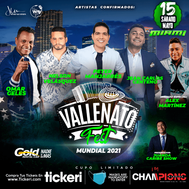 Event - Vallenato Fest USA 2021 MIAMI - con Peter Manjarres, Jean Carlos Centeno, Omar Geles, Nelson Velásquez - Doral, Florida - May 15, 2021 | concert tickets