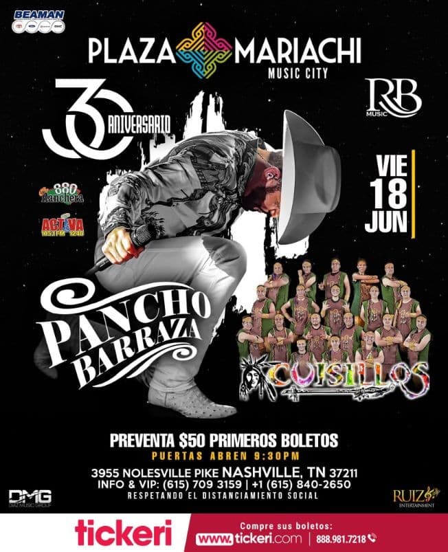 Event - Pancho Barraza y Cuisillos en Vivo en Plaza Mariachi Music City! - Nashville, Tennessee - June 18, 2021 | concert tickets