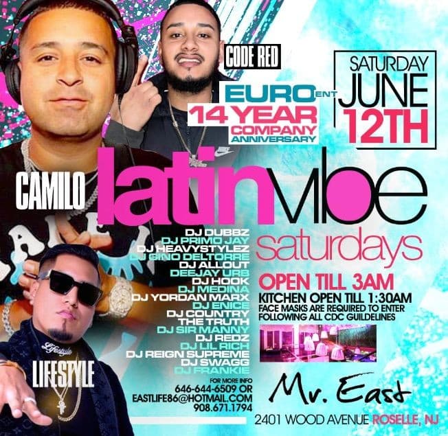 Event - Latin Vibe Saturdays Euro Ent 14 Year Company Anniversary DJ Camilo Live At Mister East - Roselle, New Jersey - June 12, 2021 | concert tickets