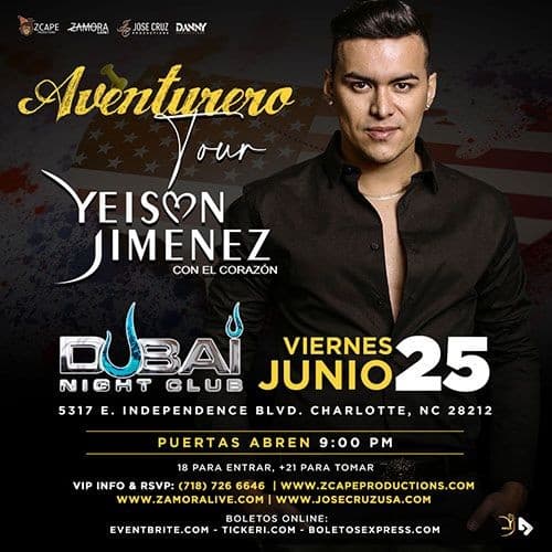 Event - YEISON JIMÉNEZ "AVENTURERO TOUR" CHARLOTTE, NC - Charlotte, North Carolina - June 25, 2021 | concert tickets