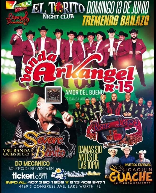 Event - Banda Arkangel R-15, Severo Benito y Rene Lopez y su Ley en Vivo! - Lake Worth, Florida - June 13, 2021 | concert tickets