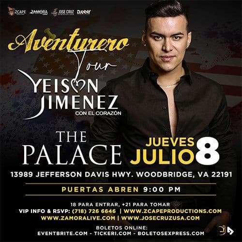 Event - YEISON JIMÉNEZ "AVENTURERO TOUR" VIRGINIA - Woodbridge, Virginia - July 8, 2021 | concert tickets