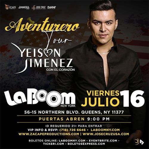 Event - YEISON JIMÉNEZ "AVENTURERO TOUR" NEW YORK - Woodside, New York - July 16, 2021 | concert tickets