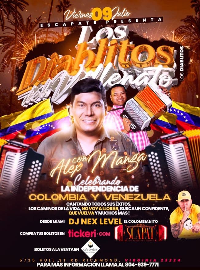 Event - Los Diablitos Del Vallenato Con Alex Manga Celebrando La Independencia De Colombia Y Venezuela - Richmond, Virginia - July 9, 2021 | concert tickets