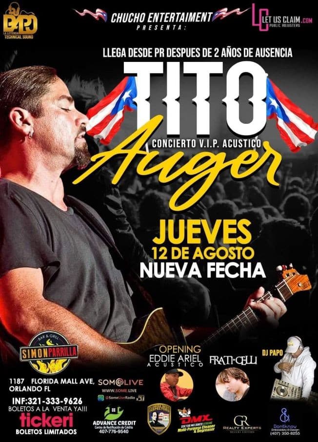 Event - Desde PR, Tito Auger en Orlando FL! - Orlando, Florida - August 12, 2021 | concert tickets