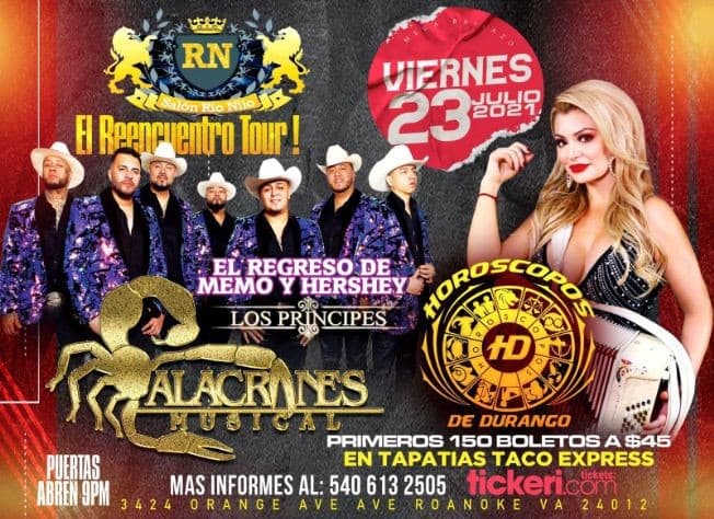 Event - EL REGRESO DE MEMO Y HERSHEY, ALACRANES MUSICAL, HOROSCOPOS DE DURANGO, EN ROANOKE VIRGINIA - Roanoke, Virginia - 23 de julio de 2021 | concert tickets