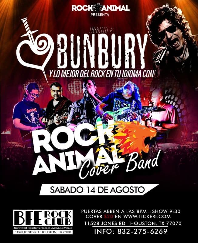 Event - Tributo a Bunbury y lo mejor del rock en tu idioma con Rock Animal - Houston, Texas - August 14, 2021 | concert tickets
