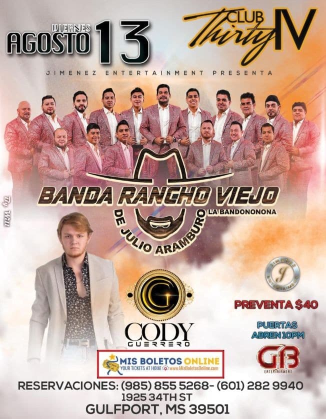 Event - BANDA RANCHO VIEJO -CODY GUERRERO - GULFPORT MISSISSIPPI - Gulfport, Mississippi - August 13, 2021 | concert tickets