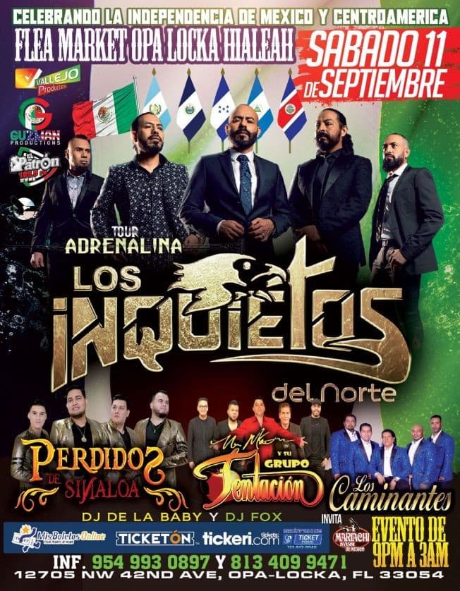 Event - TOUR ADRENALINA, LOS INQUIETOS DEL NORTE, PERDIDOS DE SINALOA, NOE MARTIN Y SU GRUPO TENTACION, LOS CAMINANTES ! OPA LOCKA FLORIDA - Opa-locka, Florida - September 11, 2021 | concert tickets