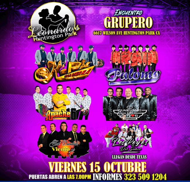 Event - K-PAZ DE LA SIERRA,GRUPO PALOMO,ORGANIZACION APACHE 16, JOSE DIOSDADO Y SU VIENTO Y SOL, GUARDIANES DEL AMOR, LOS REYES DEL SABOR EN VIVO ! HUNTINGTON PARK CALIFORNIA - Los Angeles, California - October 15, 2021 | concert tickets