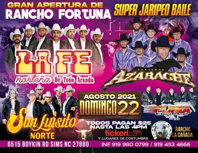 Event - Super Jaripeo Baile Con La Fe Norteña, Conjunto Azabache, San Luisito Norte Y Furia De Tierra Caliente - Sims, North Carolina - August 22, 2021 | concert tickets