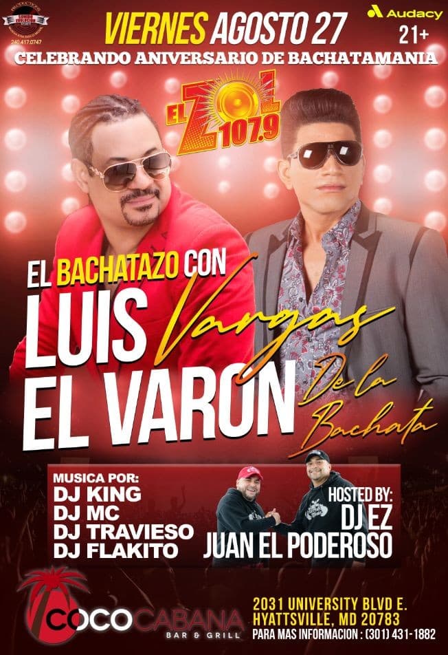 Event - BACHATAZO -  CON LUIS VARGAS y EL VARÓN DE LA BACHATA!! VIERNES  AGOSTO 27 - Adelphi, Maryland - August 27, 2021 | concert tickets