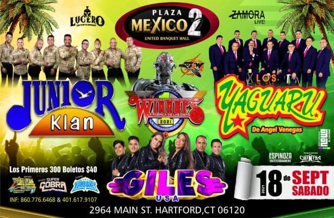 Event - Junior Klan, Los Yaguaru, Sonido Winners, Giles USA en Vivo! - Hartford, Connecticut - September 18, 2021 | concert tickets