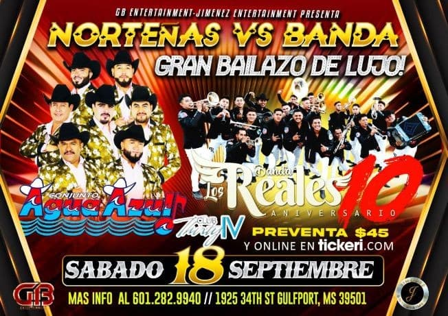 Event - NORTEÑAS VS BANDA - CONJUNTO AGUA AZUL -BANDA LOS REALES - GULFPORT MS - Gulfport, Mississippi - September 18, 2021 | concert tickets