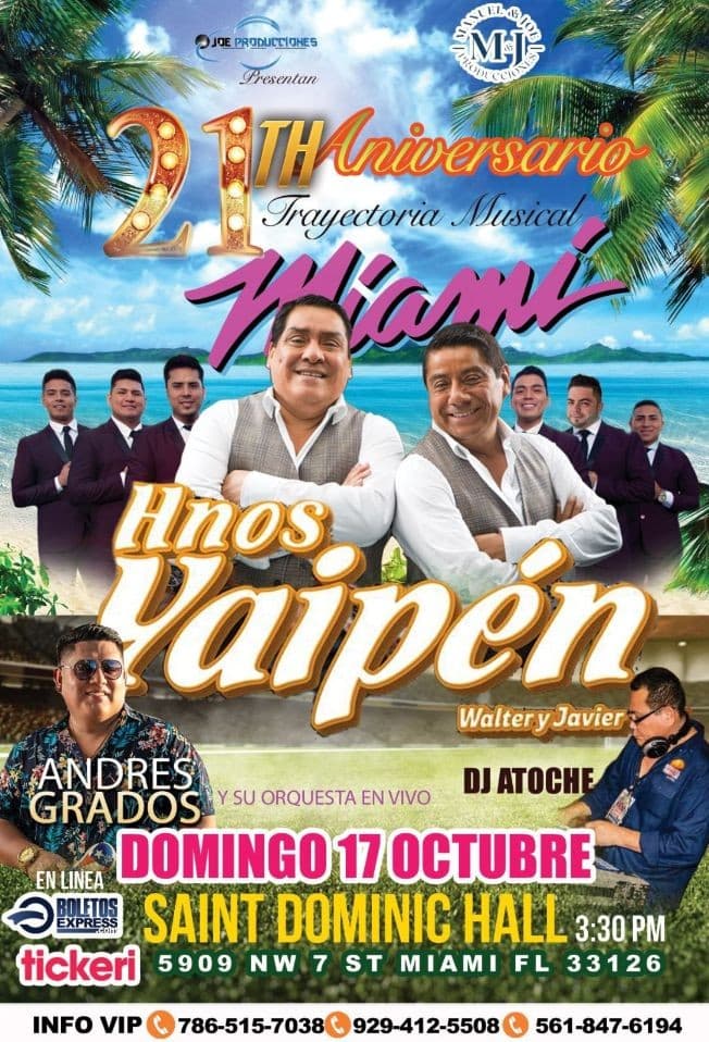 Event - CONFIRMADO !!!  CELEBRACIÓN DE LOS 21 AÑOS DE TRAYECTORIA MUSICAL DE “WALTER Y JAVIER LOS HNOS YAIPEN “ !! MIAMI FLORIDA - Miami, Florida - October 17, 2021 | concert tickets