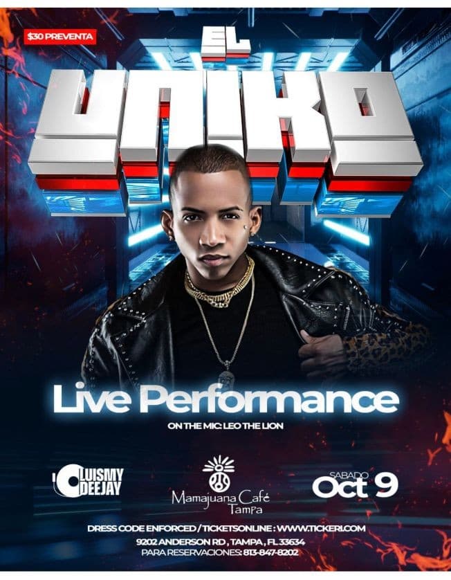Event - EL UNIKO CONCERT ! TAMPA FLORIDA - Tampa, Florida - October 9, 2021 | concert tickets