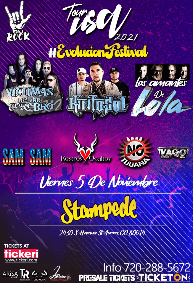 Event - EVOLUTION FESTIVAL " KINTO SOL, VICTIMAS DEL DR CEREBRO, LOS AMANTES DE LOLA Y OTROS " TOUR USA 2021 ! AURORA COLORADO - Aurora, Colorado - November 5, 2021 | concert tickets