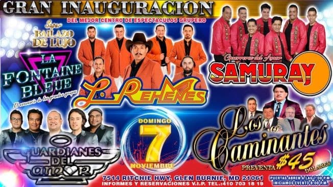 Event - BAILE DE INAUGURACIÓN. LOS REHENES, LOS CAMINANTES, GRUPO SAMURAY, LOS GUARDIANES DEL AMOR EN VIVO ! GLEN BURNIE MD. - Glen Burnie, Maryland - November 7, 2021 | concert tickets